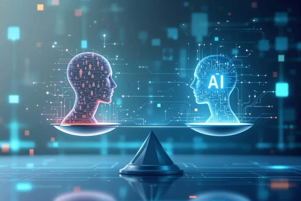 한쪽에는 인간 의식(사람 아이콘으로 표현)이, 다른 쪽에는 AI(회로 기판 패턴)가 있는 균형 저울