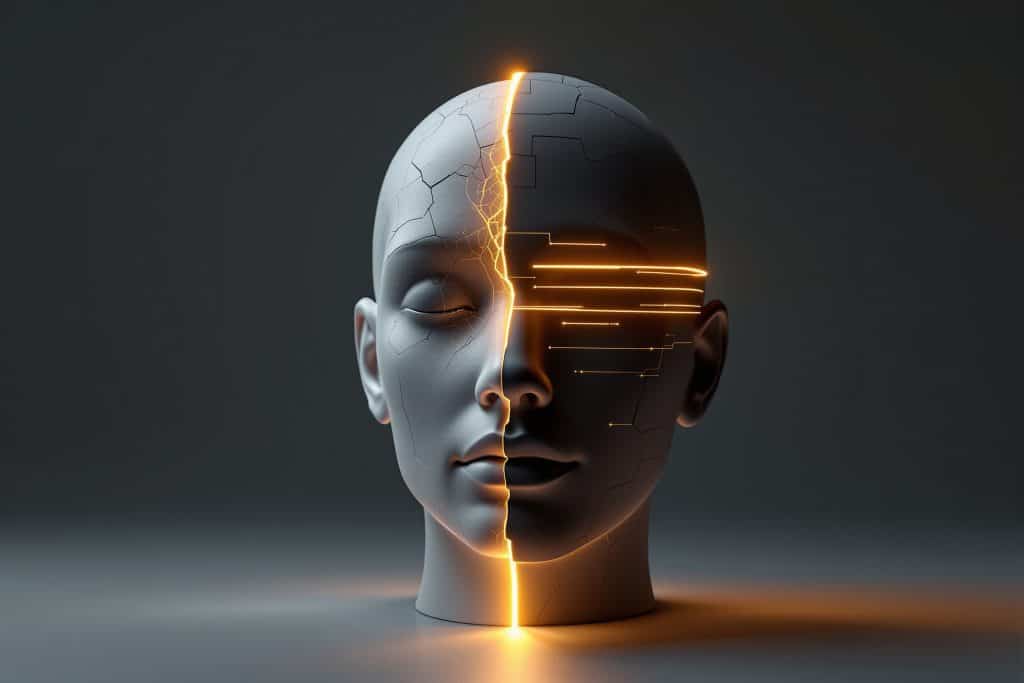 인간과 기계의 대비를 보여주는 분할된 머리, 주황색으로 빛나는 회로가 두 반쪽을 나누고 있음