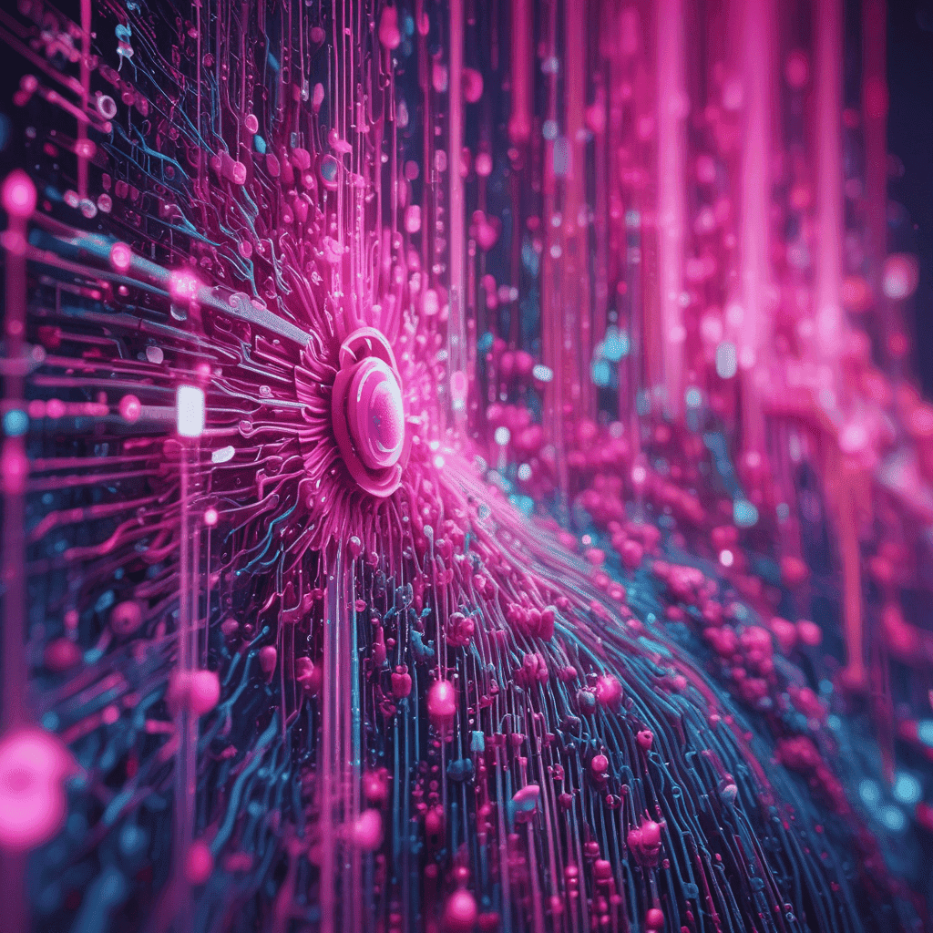선명한 마젠타/핑크색의 신경망 또는 AI 코어의 추상적 시각화, 회로 경로가 바깥으로 방사되고 있음