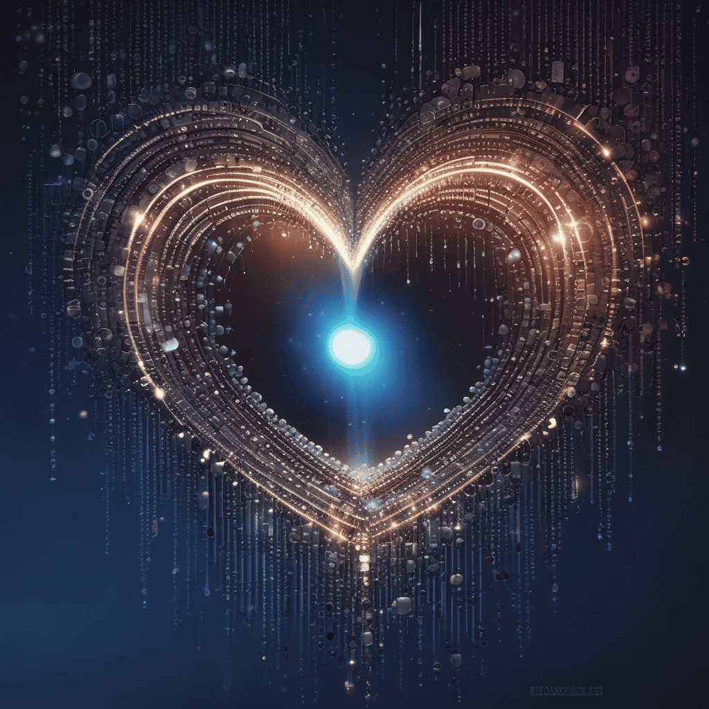 회로 기판 패턴과 데이터 스트림으로 형성된 디지털 하트, AI의 감정이나 의식을 상징