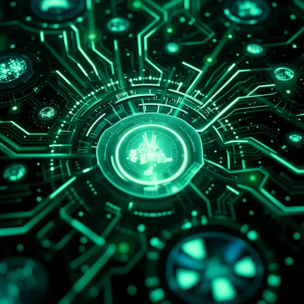 중앙 프로세서가 있는 녹색 톤의 회로 기판, AI 인프라를 시사