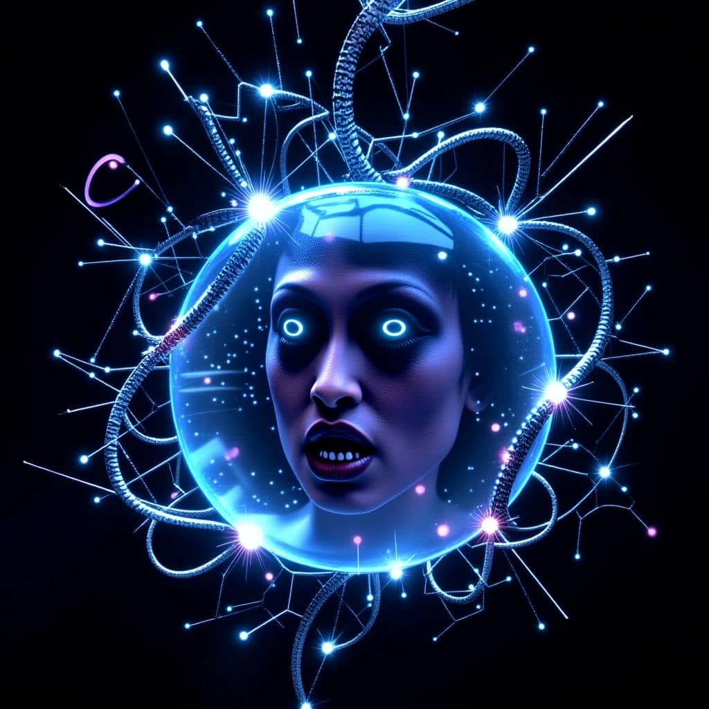 빛나는 신경망 연결로 둘러싸인 양식화된 얼굴, AI 의식을 묘사
