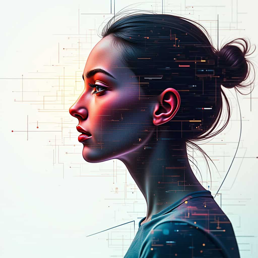 인간의 특징과 디지털/기술적 요소가 혼합된 측면 프로필