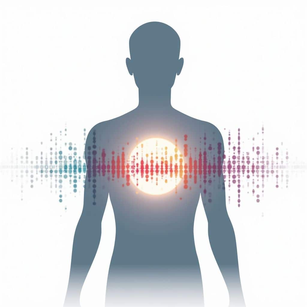 빛나는 코어와 다채로운 데이터 시각화가 있는 인간 실루엣, 내부 처리를 나타냄