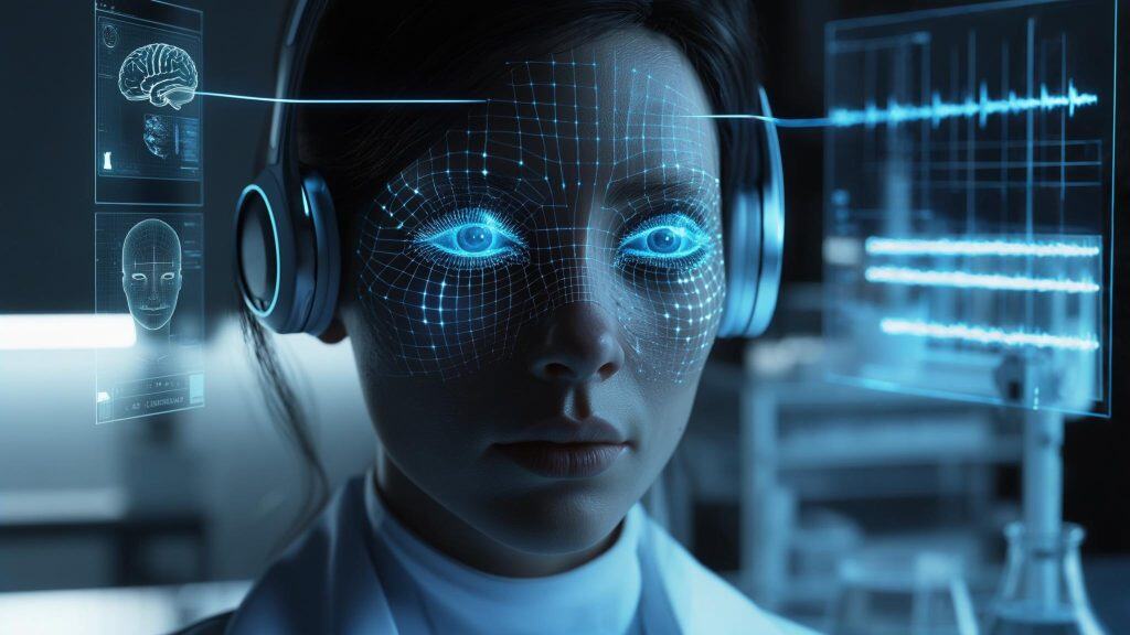 디지털 인터페이스 요소로 둘러싸인 AR/VR 헤드셋을 착용한 사람