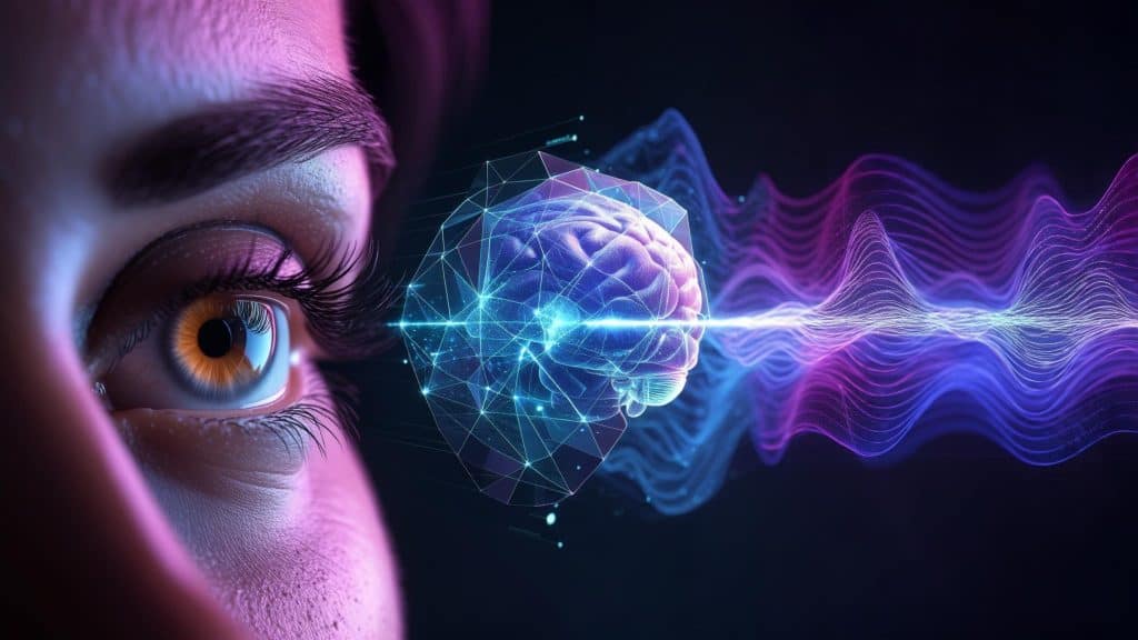 홀로그램 뇌 투영이 있는 눈의 클로즈업, 시각과 지능을 상징