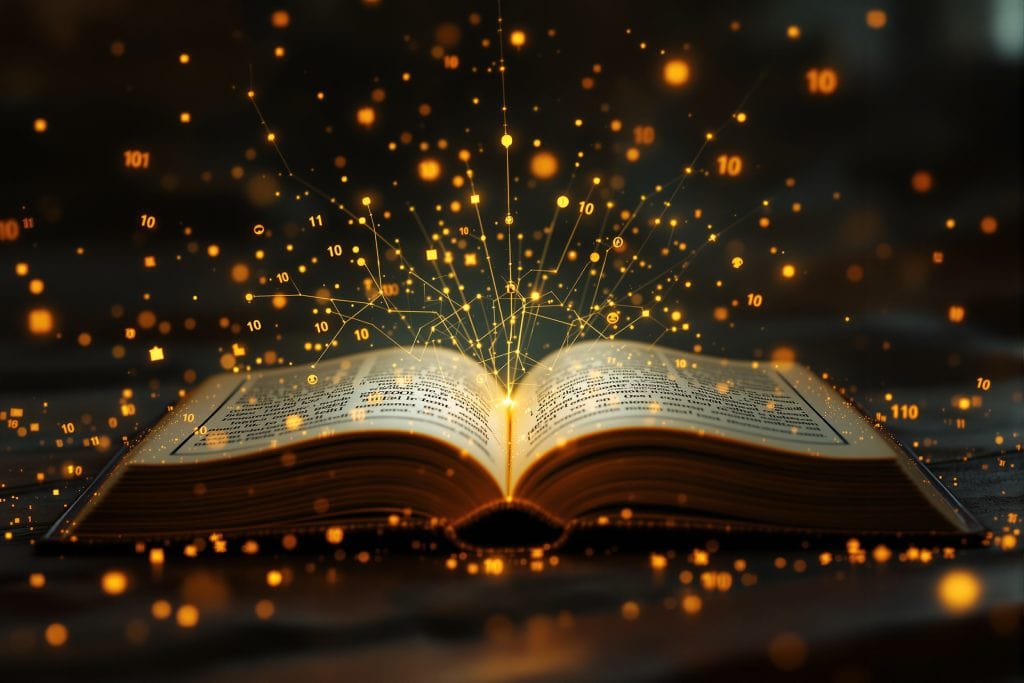 펼쳐진 책에서 황금빛 이진 코드 숫자(10, 11, 101)가 네트워크 형태로 솟아오르는 모습, 지식과 데이터의 융합을 상징