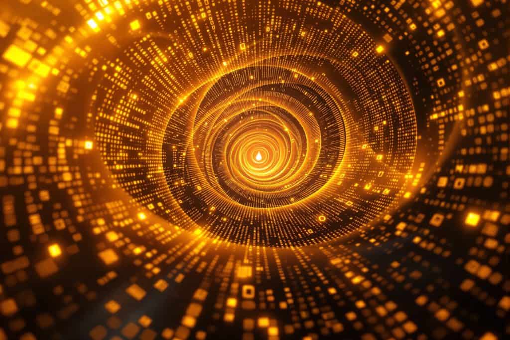 황금색 이진 코드와 데이터 스트림으로 이루어진 동심원 터널, 중앙에 밝은 빛이 있는 디지털 포털