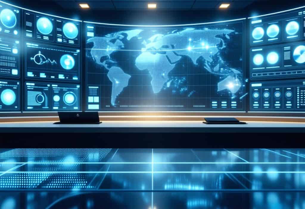 데이터 포인트와 연결선이 있는 조명 세계 지도를 보여주는 광범위한 곡면 디스플레이가 특징인 글로벌 운영 센터, 청록색 톤의 원형 모니터링 디스플레이 및 분석 패널로 둘러싸임