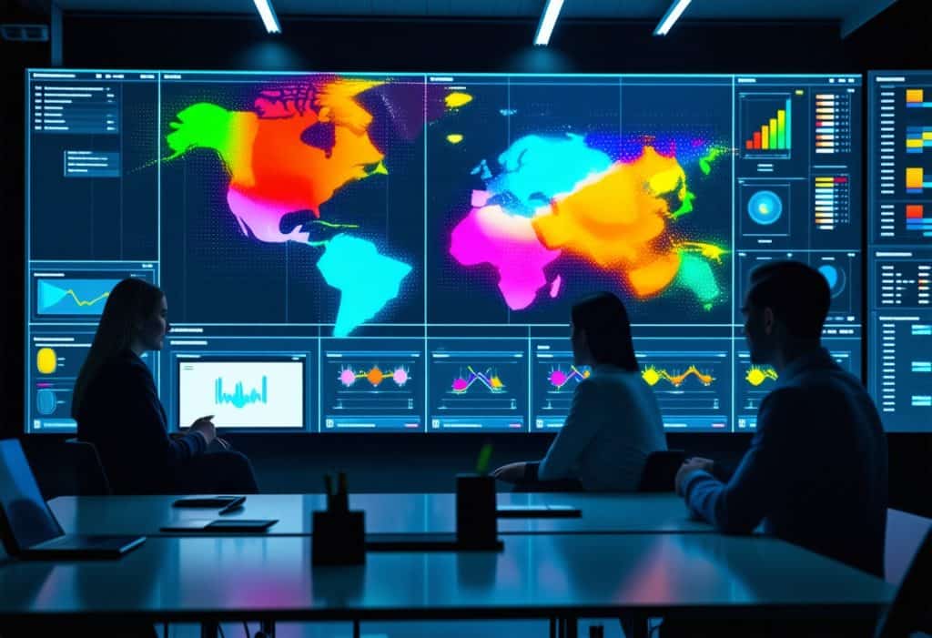 분홍색, 주황색, 노란색, 청록색 등 밝은 네온 색상의 데이터 오버레이가 있는 다채로운 세계 지도를 보여주는 대형 벽면 디스플레이를 보고 있는 팀이 있는 관제 센터, 작은 분석 차트와 그래프로 둘러싸임