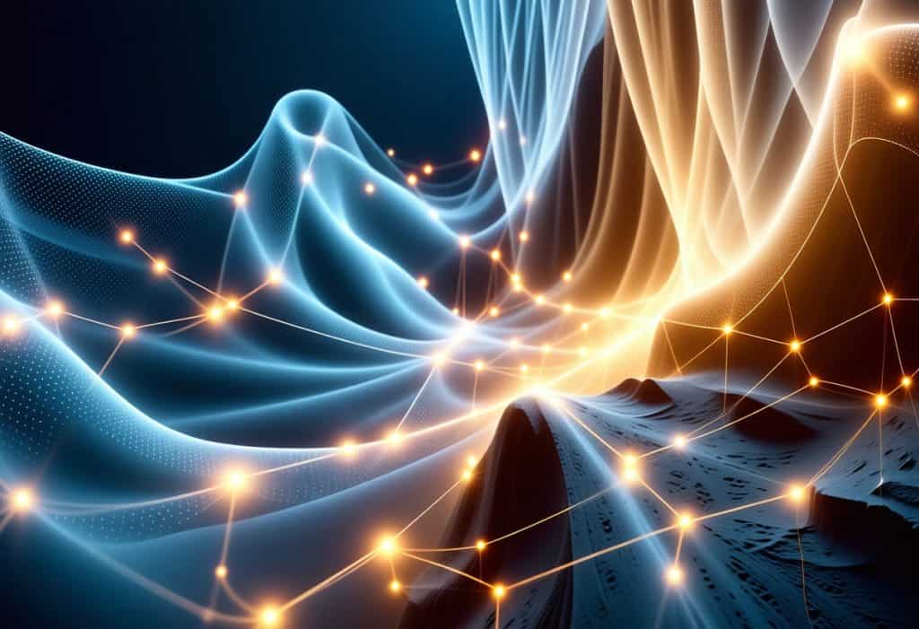 빛나는 연결 지점들이 점재된 흐르는 파란색과 주황색 파동 형태의 추상적 3D 데이터 경관, 동적 데이터 흐름 또는 지형 정보 시각화를 나타냄