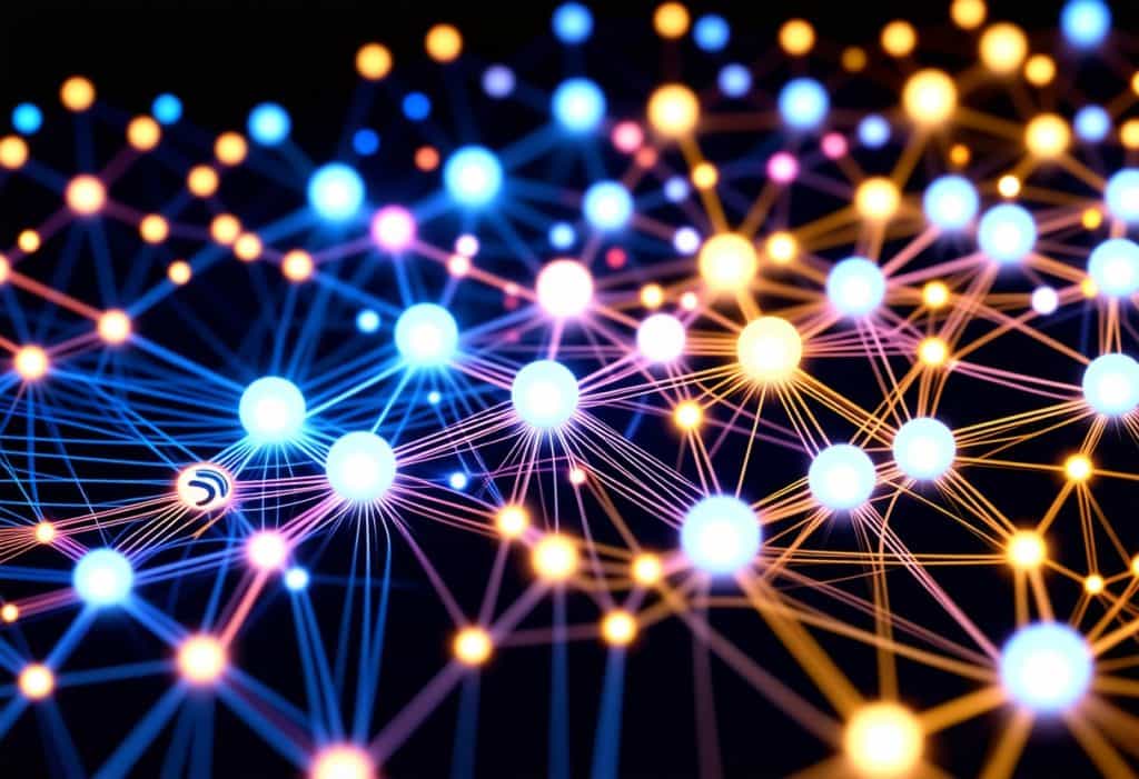 파란색, 주황색, 노란색, 분홍색의 수많은 빛나는 노드들이 다채로운 선으로 상호 연결되어 복잡한 웹 패턴을 만드는 생동감 넘치는 네트워크 맵 일러스트레이션, 디지털 연결성 또는 소셜 네트워크를 상징