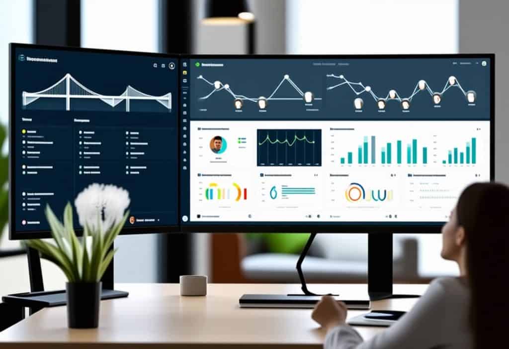 다리 시각화, 선 그래프, 막대 차트 및 파란색과 청록색 배색의 데이터 메트릭이 표시된 비즈니스 분석 대시보드를 보여주는 듀얼 곡면 모니터가 있는 전문 업무 공간, 현대적인 책상에서 사람이 보고 있음