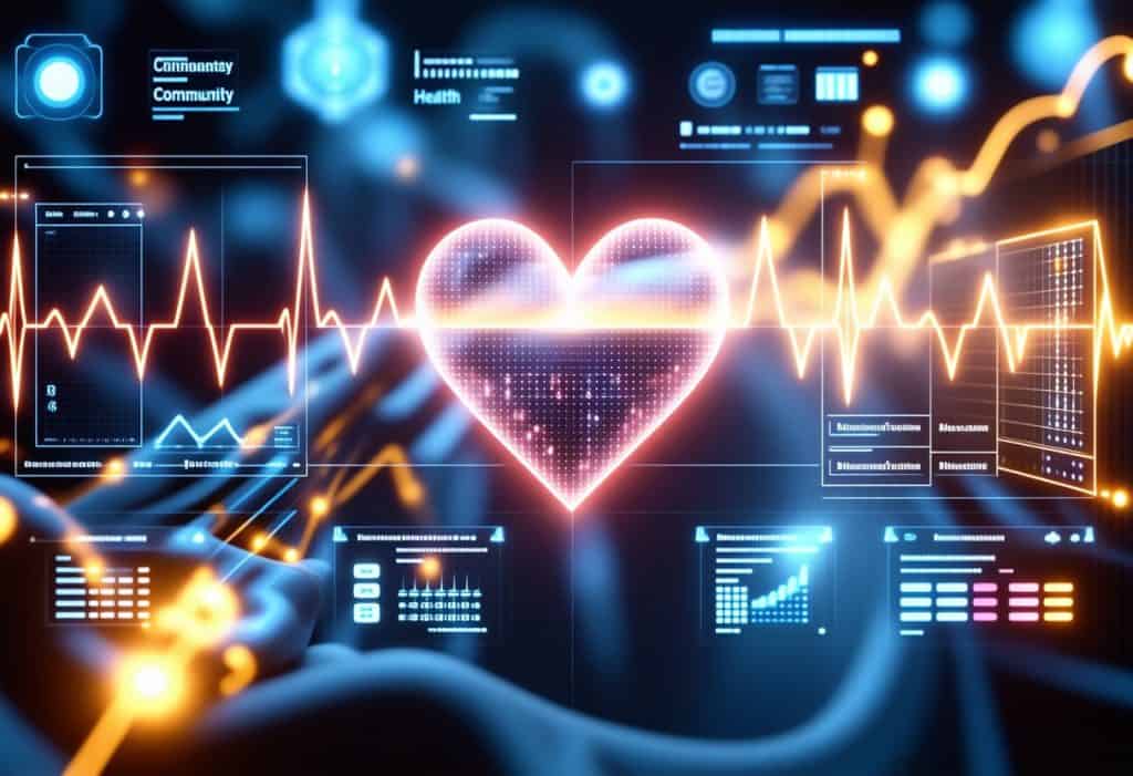 심전도 파형, 차트 및 건강 지표를 포함한 의료 데이터 시각화로 둘러싸인 빛나는 하트 기호가 특징인 디지털 헬스케어 인터페이스, 주황색과 파란색 조명의 투명한 홀로그램 화면