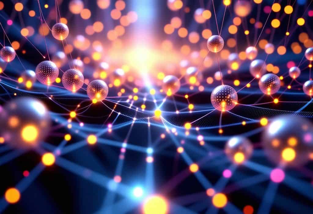 어두운 배경에 빛나는 선으로 연결된 파란색, 주황색, 노란색, 분홍색의 빛나는 노드들이 상호 연결된 추상적 네트워크 시각화, 데이터 연결 또는 신경망을 표현