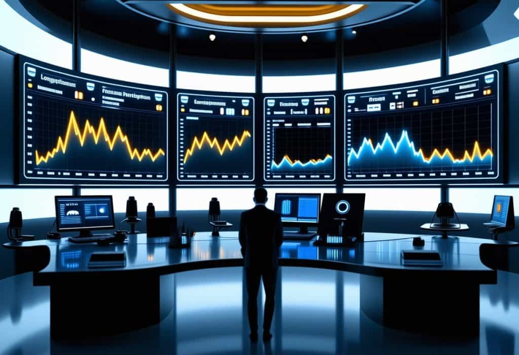 여러 대형 디스플레이에 노란색, 파란색, 주황색 추세선이 표시된 다채로운 그래프와 차트를 보여주는 미래형 데이터 분석 관제실, 어두운 배경에 데이터를 보고 있는 실루엣 인물
