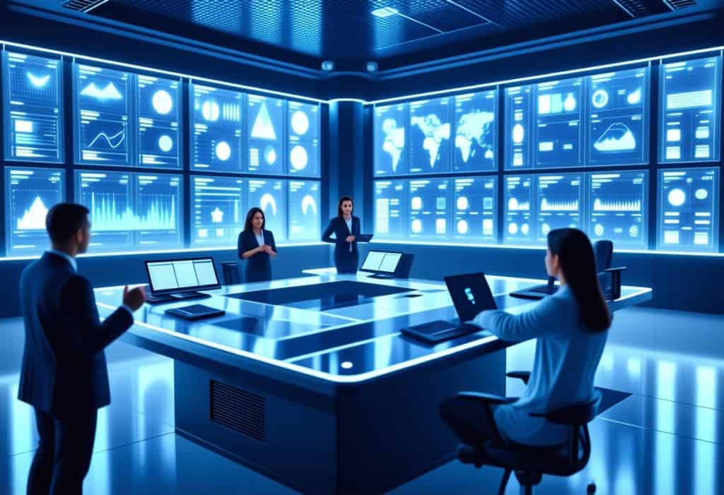 대형 스크린 속 데이터 그래프를 분석하는 전문가들, 인공지능 기반 신뢰 평가 시스템 회의 장면