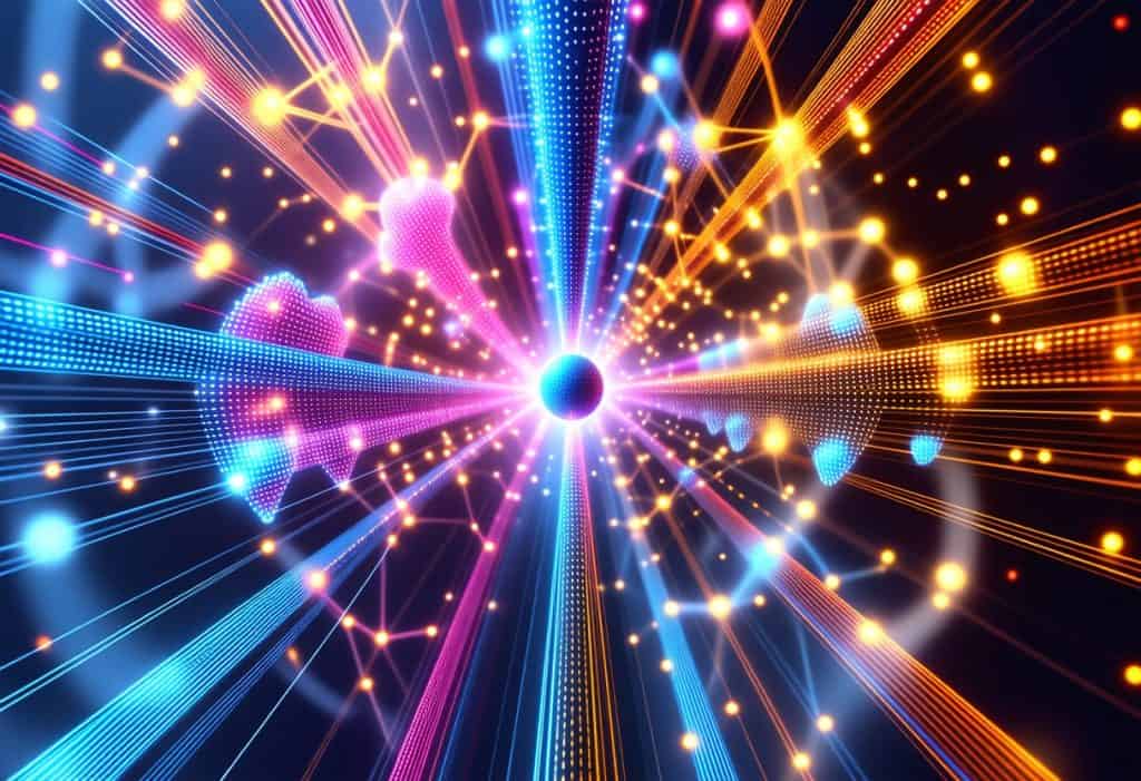 다채로운 빛줄기가 중심으로 모이는 디지털 네트워크 구조, 글로벌 데이터 융합과 연결성을 표