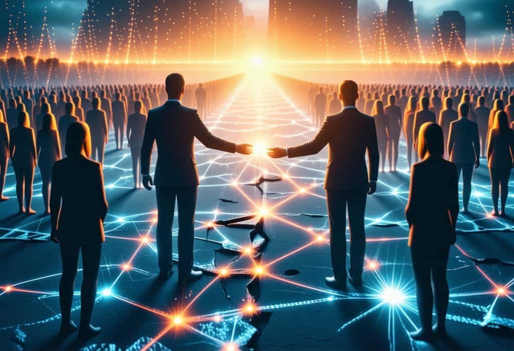 손을 맞잡은 비즈니스 인물들과 이어진 네트워크, 협업과 신뢰 기반 연결의 미래적 상징