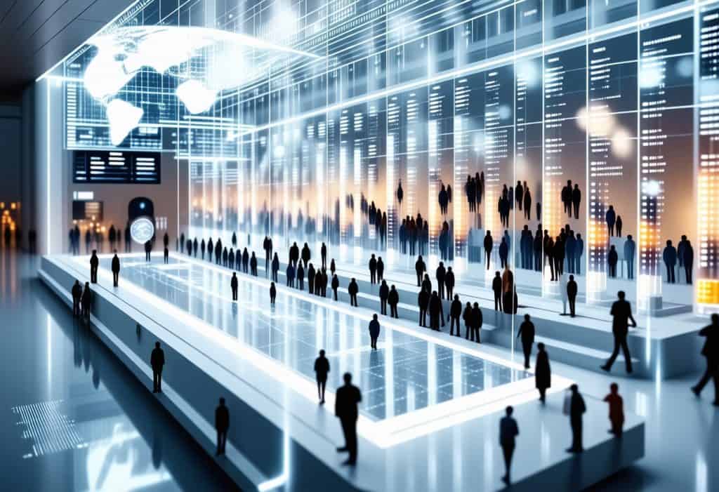 거대한 데이터 홀에서 움직이는 사람들, 글로벌 데이터 흐름과 커뮤니티 교류를 시각화한 이미지