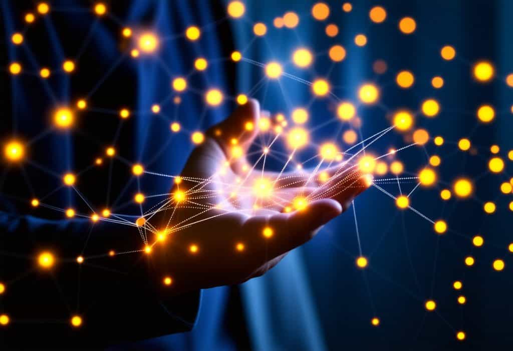 손 위에 빛나는 네트워크 노드들이 떠 있는 장면, 디지털 신뢰와 연결의 힘을 상징하는 시각적 표현
