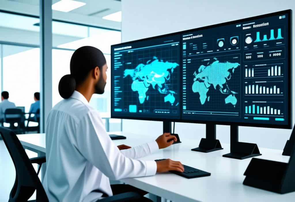 세계 지도를 기반으로 데이터를 모니터링하는 분석가의 모습, 글로벌 트렌드와 신뢰 지표를 관리하는 장면