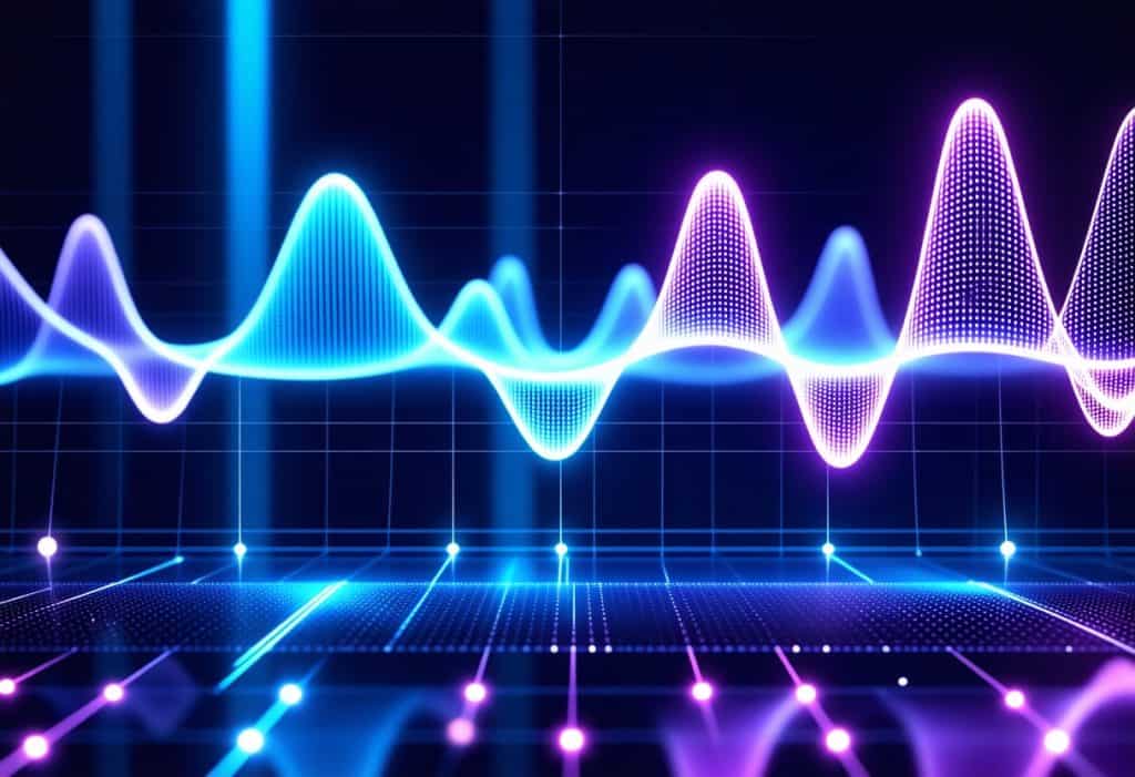 청색과 자주색의 파형 그래프가 교차하는 시각화 이미지, 데이터 분석과 감정 신호 패턴을 표현