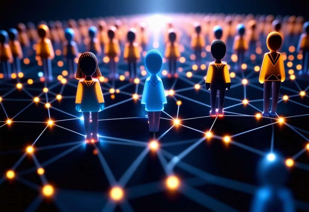 네트워크로 연결된 사람 아이콘들이 빛나는 디지털 공간, 커뮤니티 연결성과 데이터 신뢰 구조를 상징