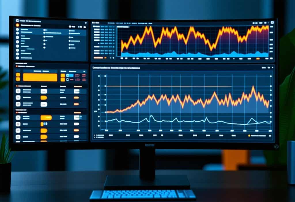 데이터 그래프와 분석 차트가 표시된 대형 모니터 화면, 실시간 성과 분석과 알고리즘 모니터링