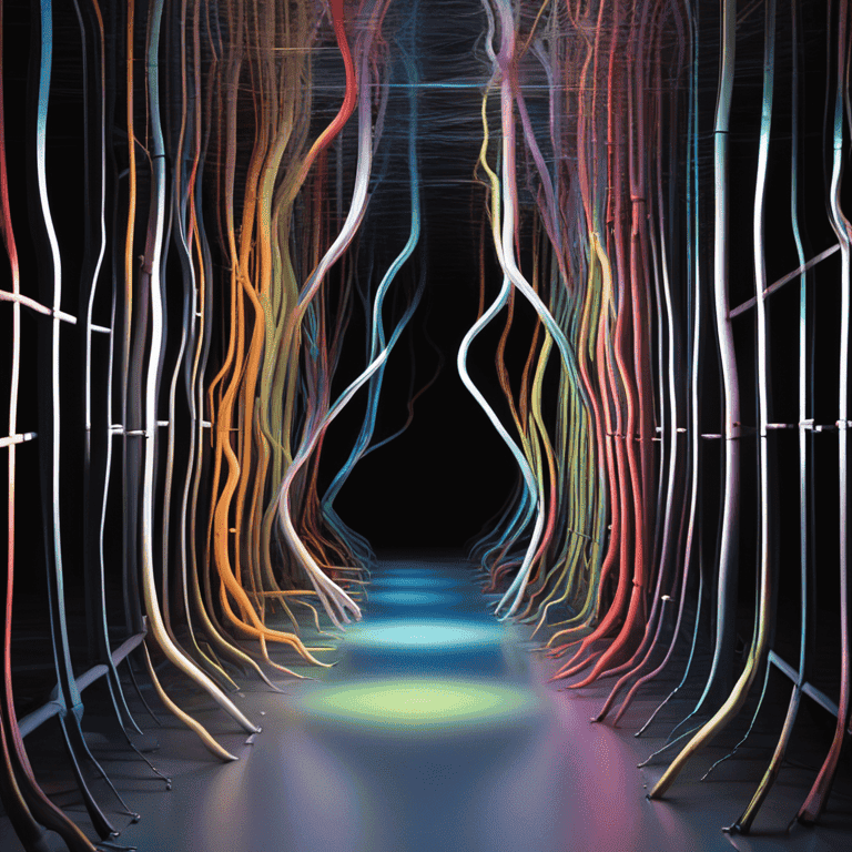 다양한 색의 빛줄기들이 길게 늘어선 어두운 통로에서 서로 얽히며 몽환적인 분위기를 만드는 장면