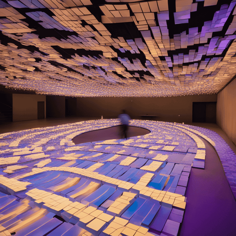 보라빛과 노란빛 타일이 곡선 형태로 배열된 넓은 공간에서 천장과 바닥이 빛으로 반짝이는 설치 미술 전경