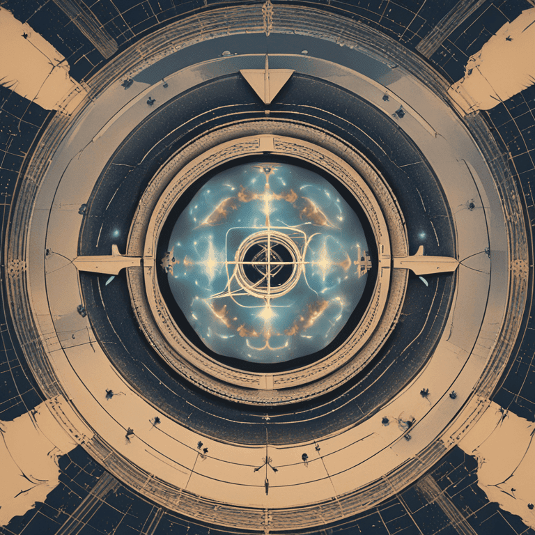 중앙의 밝은 소용돌이 형태를 중심으로 원형 구조와 기하학적 패턴이 펼쳐진 우주적 디지털 이미지