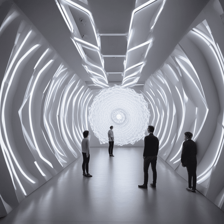 벽과 천장에 흐르는 빛의 선들이 둘러싸인 통로 중앙에서 사람들이 밝은 원형 패턴을 바라보고 있는 전시 공간