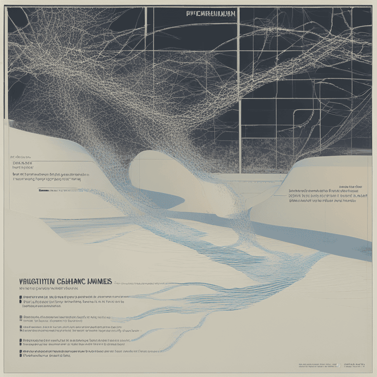 흰색 실선들이 거미줄처럼 퍼져 공간을 채우며 흐르는 듯한 형태를 이루는 디지털 아트워크