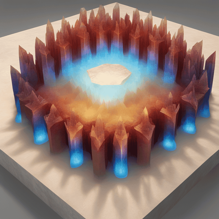 붉은 기둥과 푸른빛을 머금은 수정 구조물이 원형으로 배치되어 가운데를 둘러싸는 환상적인 결정 지형
