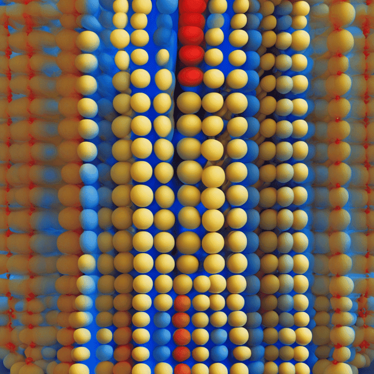 노란색과 파란색 구슬이 층층이 쌓여 패턴을 이루고, 일부 빨간 구슬이 포인트로 들어간 추상적 구조