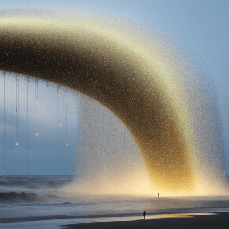 거대한 금빛 아치가 바다 위로 쏟아지듯 내려오고, 해변 위에 작은 인물이 서 있는 초현실적 풍경