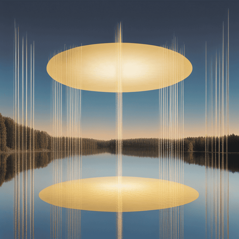 고요한 호수 위에 금빛 원반이 떠 있고, 빛 기둥이 위아래로 연결된 신비로운 풍경