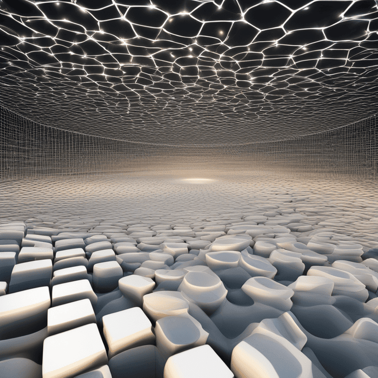 반짝이는 빛줄기 네트워크가 천장에 퍼져 있고, 바닥에는 부드럽게 굴곡진 흰색 표면이 이어지는 초현실적 공간